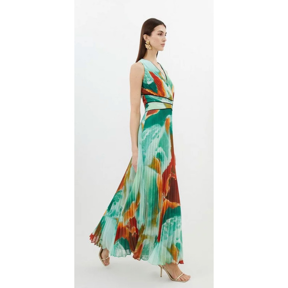 Karen Millen Womens Abstract Printed Soft Pleated Plunge Maxi Dress Size 12 NWT - Picture 1 of 15